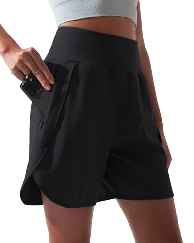 BebreezChic Sporthose Kurz Damen Sommer Hohe Taille Sport Shorts 2 in 1 mit Tasche Schnelltrocknende Running Shorts Fitness Yoga Kurze Hose von BebreezChic