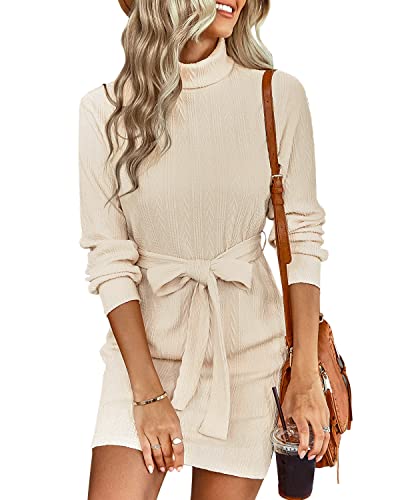 BebreezChic Strickkleider Damen Rollkragen Casual Langarm Minikleid Pulloverkleider Einfarbig Elegant Casual mit Gürtel, Beige L von BebreezChic