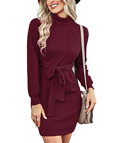 BebreezChic Strickkleider Damen Rollkragen Casual Langarm Minikleid Pulloverkleider Einfarbig Elegant Casual mit Gürtel, Burgundy L von BebreezChic