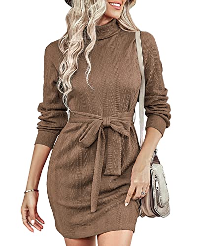 BebreezChic Strickkleider Damen Rollkragen Casual Langarm Minikleid Pulloverkleider Einfarbig Elegant Casual mit Gürtel, Khaki L von BebreezChic