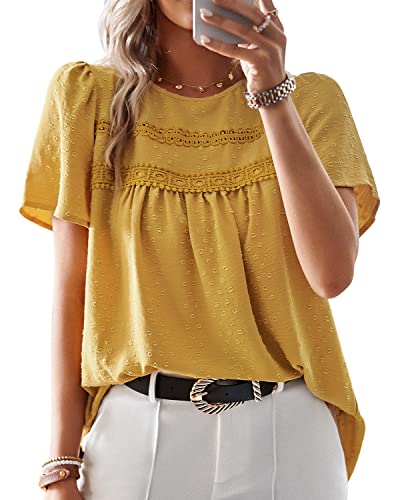 BebreezChic Tshirt Damen Sommer 2023 Boho Spitze Bluse Kurzarm Rundhals Swiss Dot Lose Tunika Casual Hemd T-Shirt Top, Gelb XL BebreezChic Tshirt Damen Sommer 2023 Boho Spitze Bluse Kurzarm Rundhals Swiss Dot Lose Tunika Casual Hemd T-Shirt Top, Gelb XL von BebreezChic