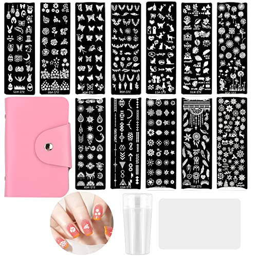 Nagel Stempel Schablone Set 12 Pcs DIY Schaber Nail Art Set Blumen Geometrische Muster Nail Stamper Stempel Silikon French Schablonen Tool Kit für Maniküre DIY Image Drucken von Becanno