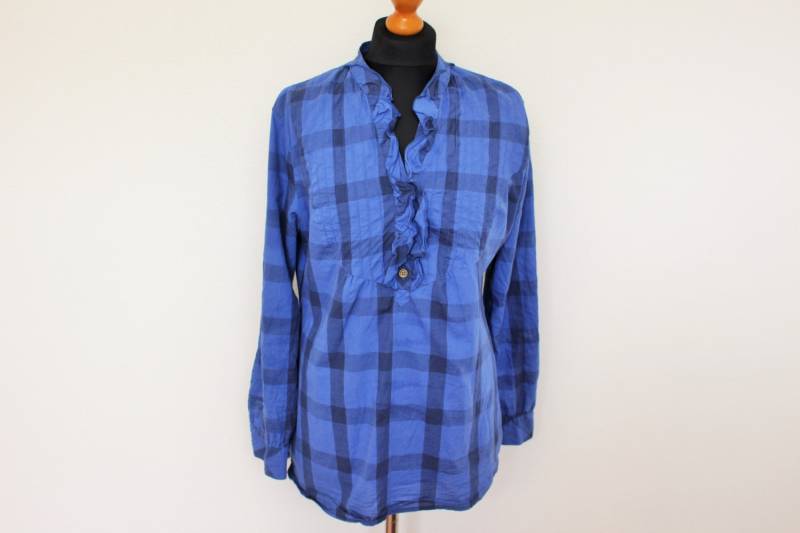 Blau Karierte Bluse Preppy Grunge Shirt Damen Country Urlaub Bauern Folk Stil Tunika Langarmshirt Medium von BecauseVintage