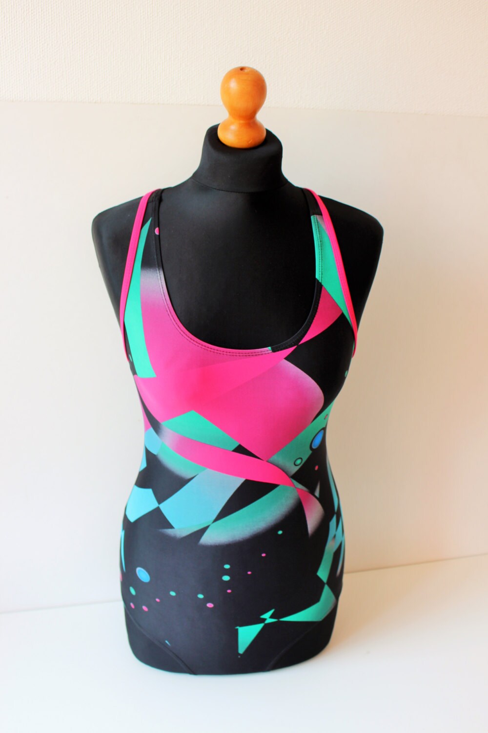 Bunten Badeanzug Türkis Schwarz Rosa Ein Stück Yigga Vintage Bademode Klein Unbenutzt von BecauseVintage