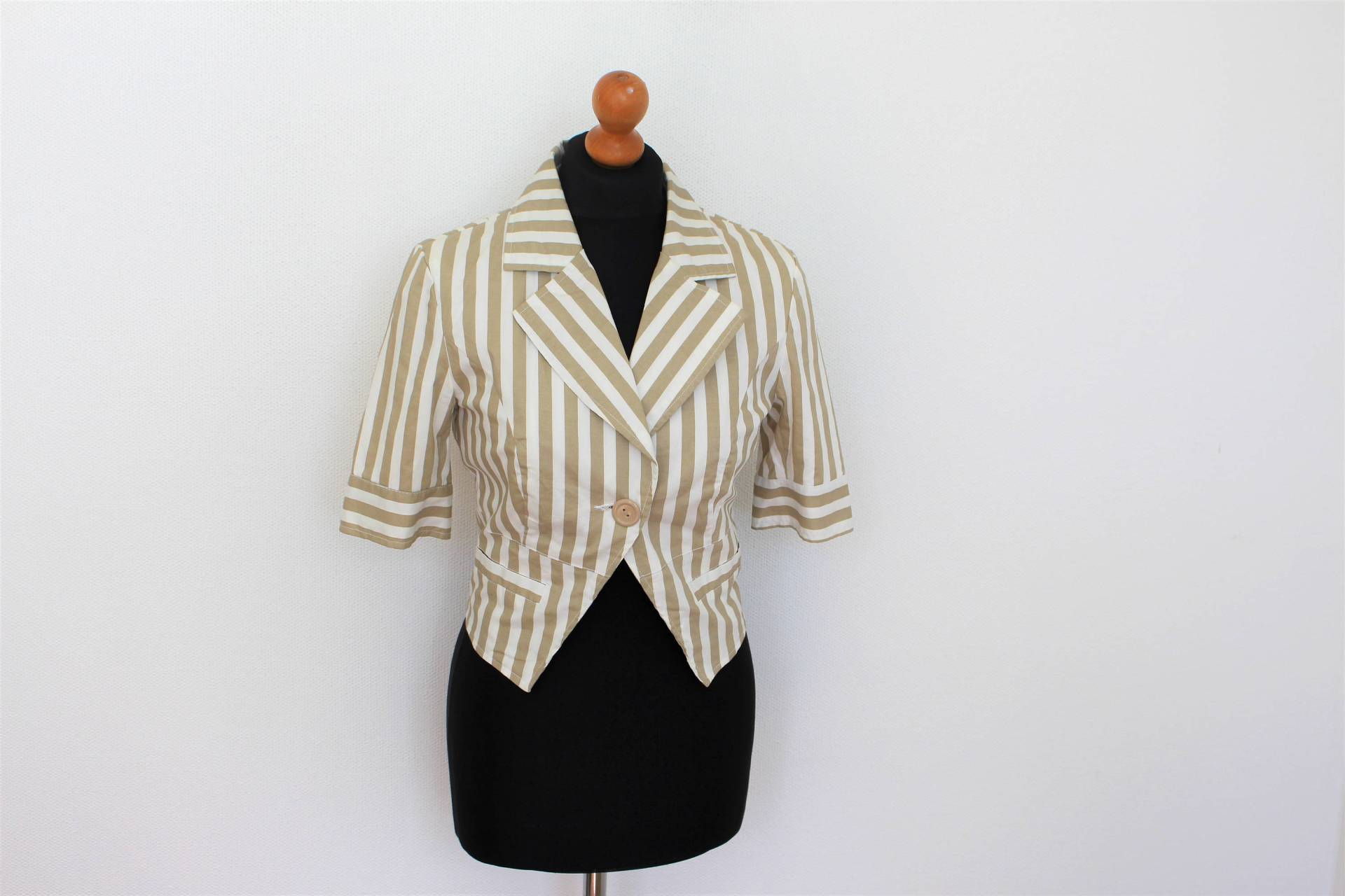 Gestreifter Blazer Vintage Braun Weiß Streifen Cropped Baumwolle Jacke Cocktail Party 3/4 Kurze Ärmel Klein von BecauseVintage