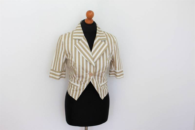 Gestreifter Blazer Vintage Braun Weiß Streifen Cropped Baumwolle Jacke Cocktail Party 3/4 Kurze Ärmel Klein von BecauseVintage