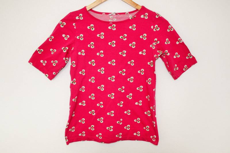 Jahrgang Marimekko Shirt Kurze Ärmel Oben Rot Rosa Abstrakte Print T-Shirt Kleine Bis Mittlere Größe von BecauseVintage