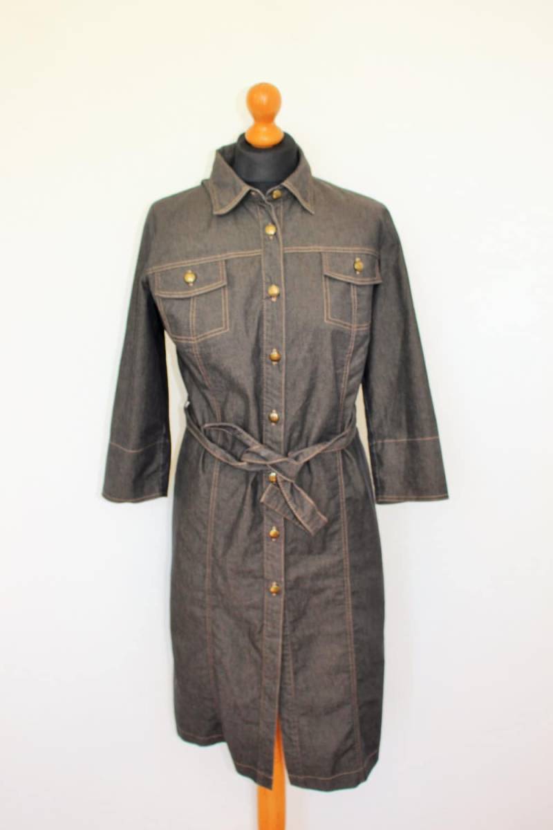 Jeans Mantel Dunkel Blaue Baumwolle Trench Tasten Damen Kleid Lang Denim Lange Jacke Jeanskleid 3/4 Ärmel Medium von BecauseVintage