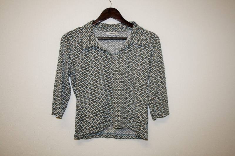 Jersey Shirt Stretchy Bluse Abstrakt Print Top 70Er 80Er Boho Weiß Blau Braun 3/4 Ärmel Mittel Bis Groß von BecauseVintage