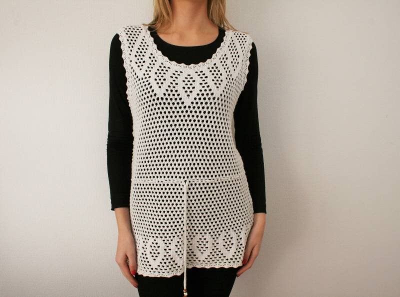 Lange Gehäkelte Top Weiß Baumwolle Ärmelloses Shirt Häkeln Strickjacke/Häkeln Kleid Strand Mittel Bis Groß von BecauseVintage