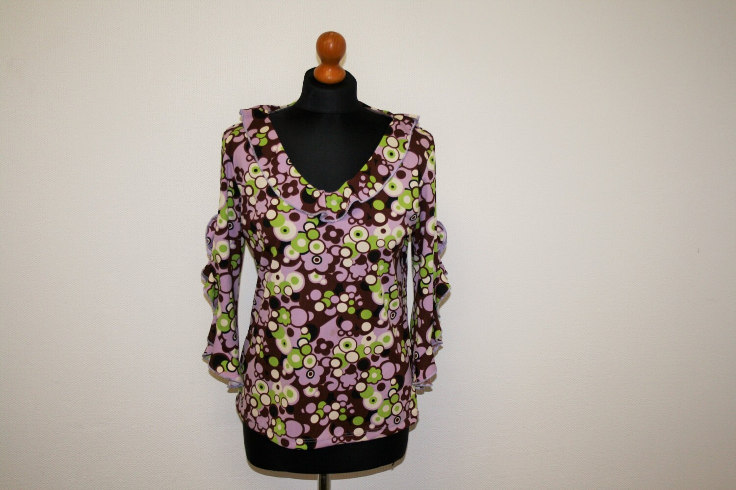 Lila Grün Oben Hippie Bluse Gemusterten Rüschen Kragenbluse/Halskrause Ärmel Cocktail Partei Boho Shirt 70Er Jahre Mittelgroß von BecauseVintage