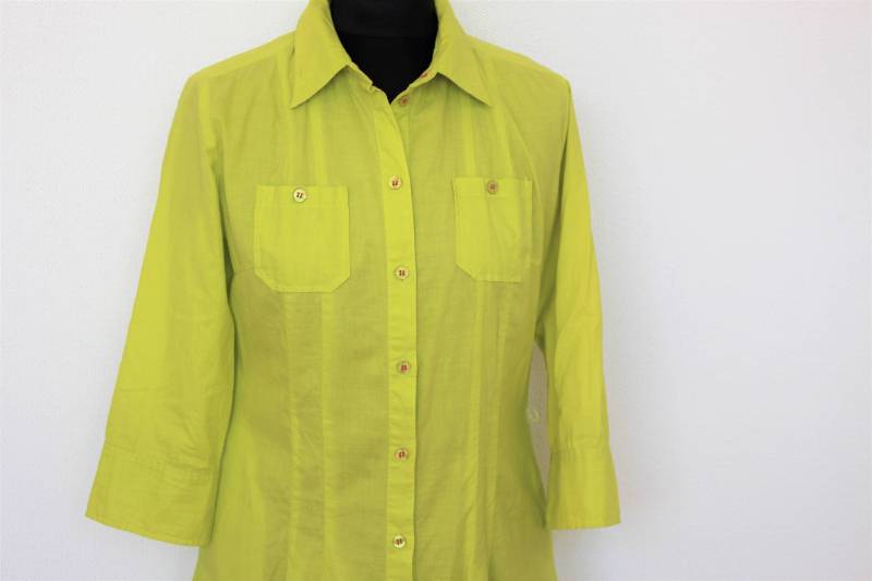 Limette Baumwoll Tunika 80Er 90Er Shirt Kleid Gelb Bauer Bluse Langes Gelbes Hemd Lime Grün Sommer Mantel Boho Hippie Trenchant von BecauseVintage