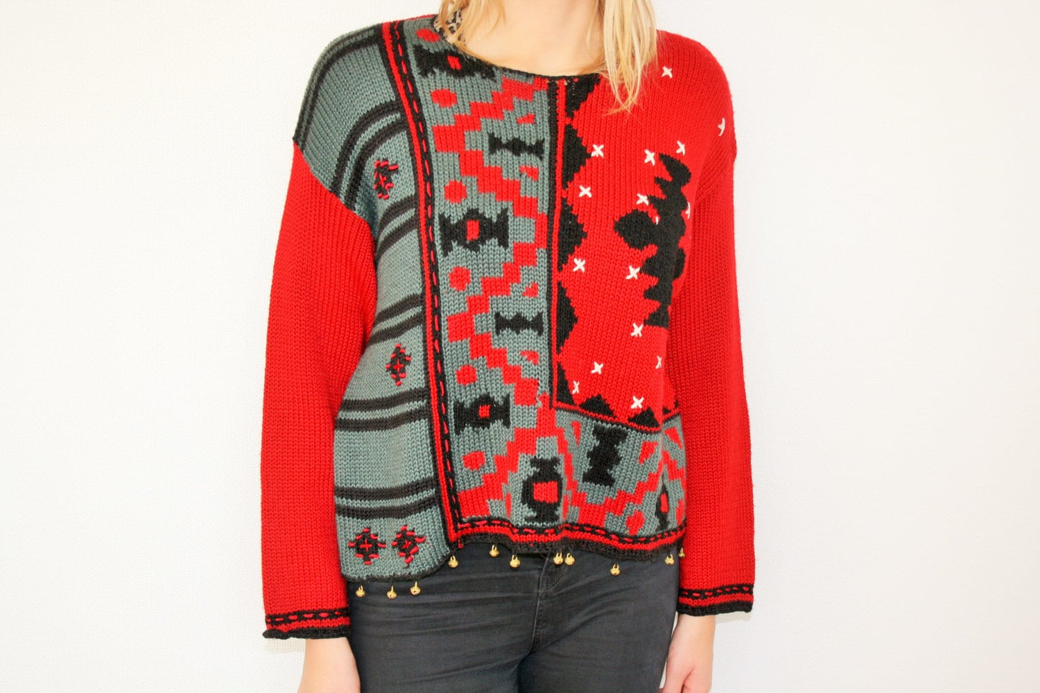 Rot Hässliche Weihnachten/Rot Wolle Mischung Pullover Hässlich Blazer Party Strickjacke Jingle Bells Große Größe von BecauseVintage