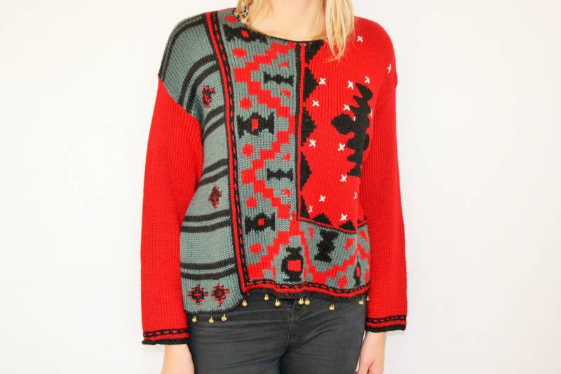 Rot Hässliche Weihnachten/Rot Wolle Mischung Pullover Hässlich Blazer Party Strickjacke Jingle Bells Große Größe von BecauseVintage