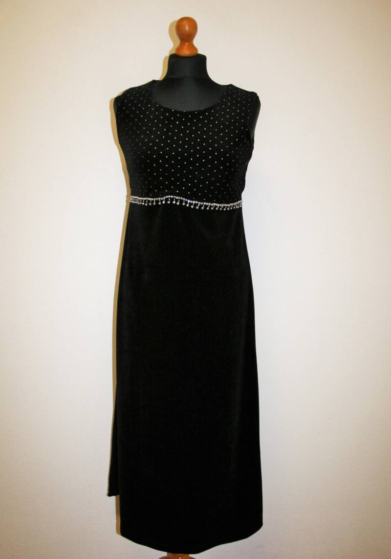 Schwarz Samt Kleid Maxi Polka Dots Samt Cocktail Party Rundhals Schwarz Bodycon Ärmellos Mittlere Bis Große Siz von BecauseVintage