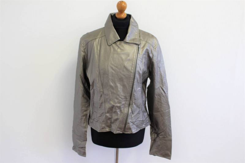 Silber Metallic Biker Jacke Abgeschnitten Strukturierte Kunstleder Bomber Golden Bobby Silver Vegan Leder Blazer Medium von BecauseVintage