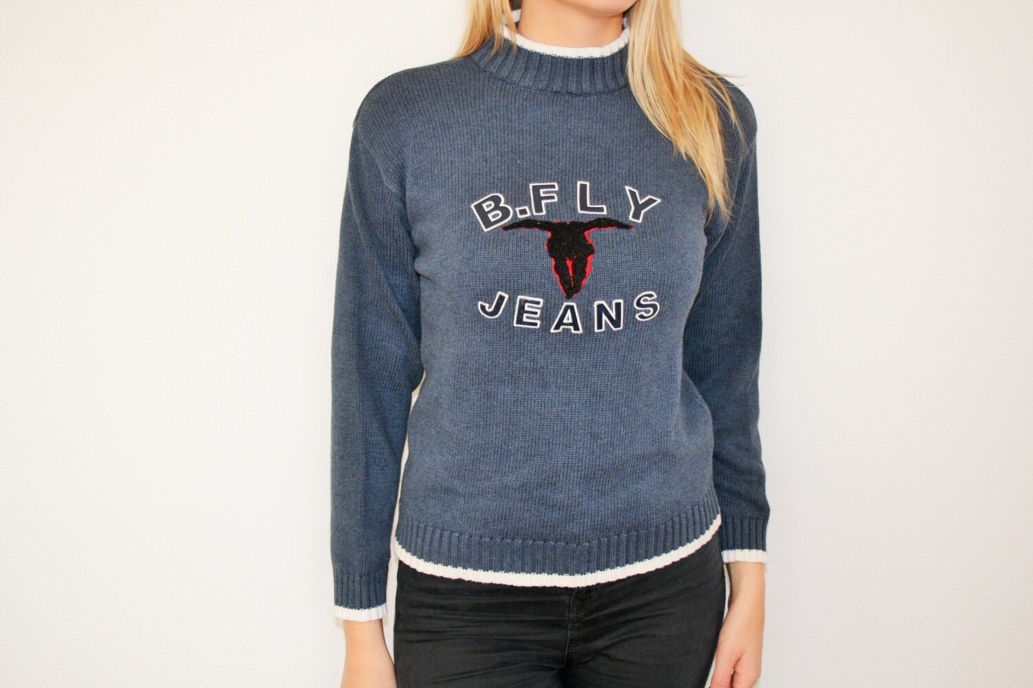 Ski-Pullover Pullover Bestickt Buffalo Blau Rollkragen Bfly Jeans Gestrickt Stricken Mittlerer Größe von BecauseVintage