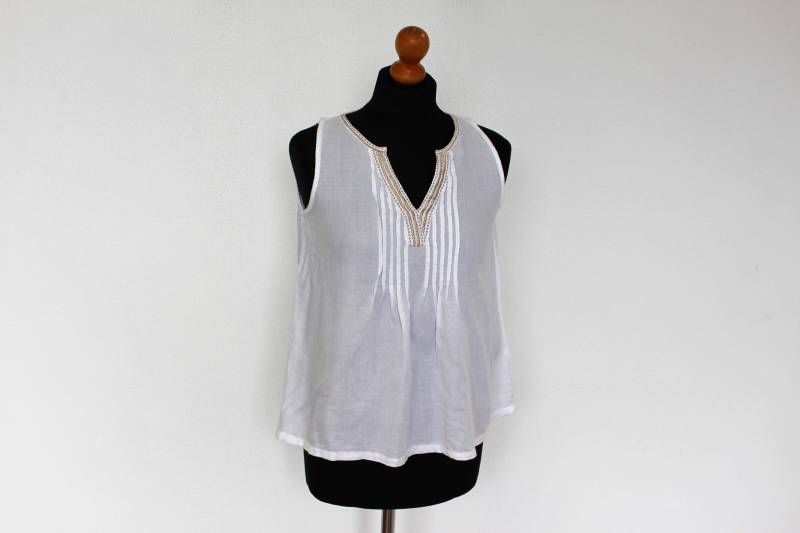 Weiße Baumwollbluse Boho Hippie Top Bauern Folk Style Feminin Kurz Ärmellos Shirt Xs Bis Klein von BecauseVintage