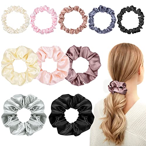 Becellen 10 Stücke Satin Scrunchies Bunte Elastische Haargummi Weich Seidige Scrunchie Haarschmuck Für Damen Mädchen Kleine Groß Zopfgummi Locken von Becellen