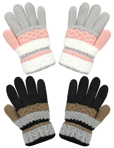 Becellen 2 Paar Handschuhe Kinder Winter, Vollfinger Warme Strickhandschuhe Thermo Bunte Stricken Fingerhandschuhe für Junge Mädchen 4-10 Jahre Alt von Becellen