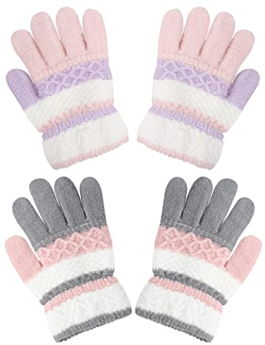 Becellen 2 Paar Handschuhe Kinder Winter, Vollfinger Warme Strickhandschuhe Thermo Bunte Stricken Fingerhandschuhe für Mädchen 4-10 Jahre Alt von Becellen
