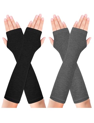 Becellen 2 Paar Lange Armstulpen, Thermo Gestrickte Fingerlose Handschuhe Warm Winterhandschuhe Dehnbar Handstulpen Pulswärmer mit Daumenloch Über für Damen Herren von Becellen