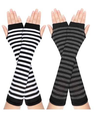 Becellen 2 Paar Lange Armstulpen, Thermo Gestrickte Fingerlose Handschuhe Warm Winterhandschuhe Dehnbar Handstulpen mit Daumenloch Über für Damen Herren von Becellen