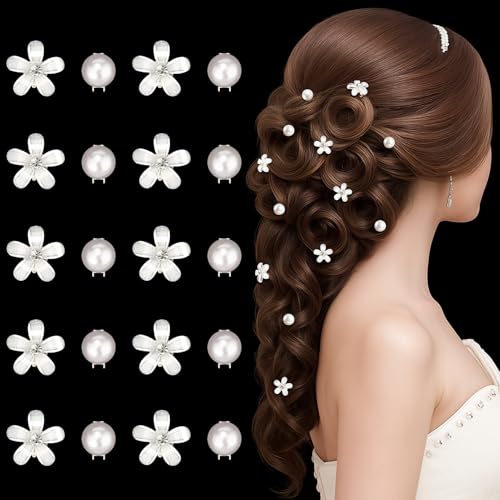 Becellen 20 Pezzi Haarklammer Klein Blumen, Mini Weiße 3D Haarschmuck Kleine Perlen Haarspange mit Strass Elegante Hochzeit Haarklammer Kommunion Mädchen Haar-Accessoires für Frauen Mädchen von Becellen