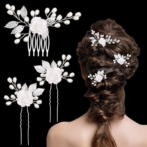 Becellen 3 Stück Haarkamm Hochzeit, Perle Blume Braut Haarschmuck Strasssteine Silber Brautschmuck Blatt U-förmige Haarnadeln für Frauen und Mädchen von Becellen