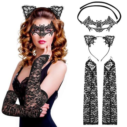 Becellen 3 Stück Katzenkostüm Damen Set, Karneval Katzenohren Schwarz Spitzen Handschuhe Venezianische Maske für Rosenmontag und Cosplay von Becellen