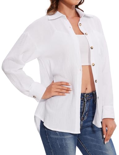Becellen Elegant Hemdbluse Damen, Baumwolle Einfarbig Musselin Bluse mit Taschen Modern Casual Hemden Oversize Langarm Hemd Damen zum Knöpfen von Becellen