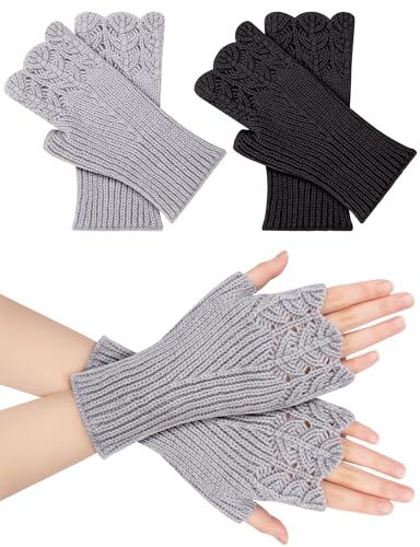 Becellen 2 Paar Halb Fingerlose Handschuhe Winter, Pulswärmer Thermo Handschuhe Strick Warme Handschuhe Kurzer Handstulpen für Damen Frauen (Schwarz/Grau) von Becellen