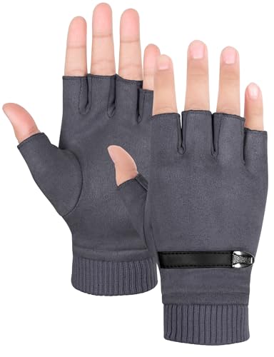 Becellen Fingerlose Wildleder Handschuhe, Thermo Halb Handschuhe Touchscreen Winterhandschuhe für Herren Damen von Becellen