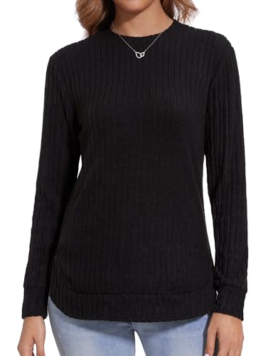 Becellen Pullover Damen Herbst, Schwarz Oversize Strickpullover Elegante Rundhals Sweatshirt Bequem Langarm Feinstrickpullover Weich Gebogener Saum Pullover für Frauen von Becellen
