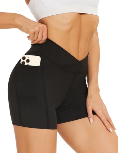 Becellen Radlerhose Damen mit Taschen V Cross High Waist Sporthose Kurze Leggings Blickdicht Sportshorts Dehnbar Hotpants Bequem von Becellen