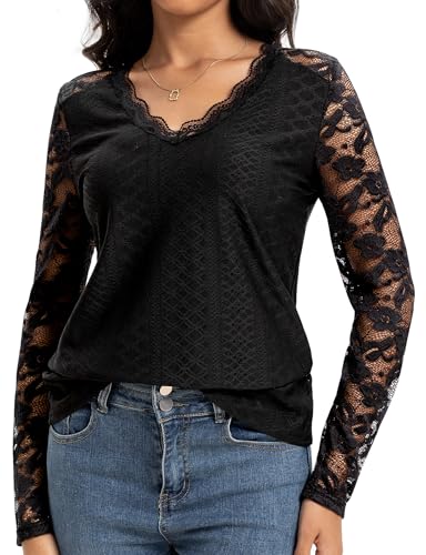 Becellen Spitze Blusenshirt Damen, Elegante Langarm Oberteile Schickes Spitzenärmel Blusen Damen Casual Einfarbig V Ausschnitt Blouses für Frühling Herbst von Becellen