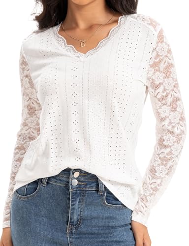 Becellen Spitze Blusenshirt Damen, Elegante Langarm Oberteile Schickes Spitzenärmel Blusen Damen Casual Einfarbig V Ausschnitt Blouses für Frühling Herbst von Becellen