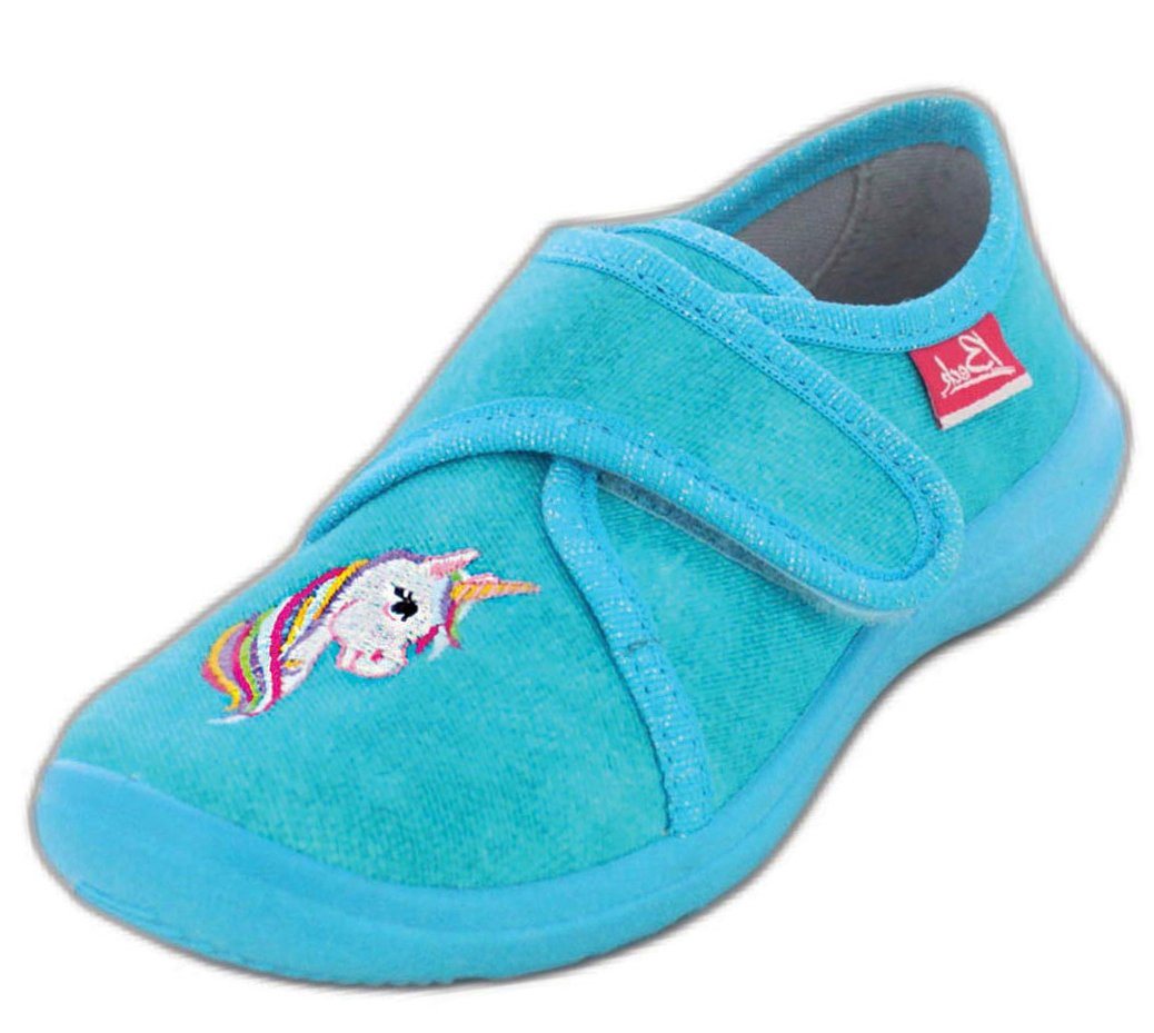 Beck Hausschuh Einhorn Hausschuh (atmungsaktive Materialien, für Kindergarten, Schule, Zuhause) schmale Passform, robuste Materialien, weiche bequeme Decksohle von Beck
