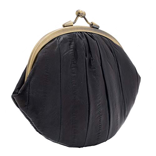 Becksöndergaard Geldbörse Damen Leder - Mittelgroßes Retro Portemonnaie Granny aus Aalleder - Viele Fächer für Münzen Perso Karten Klippverschluss 18x13cm (Navy/Blau) von Becksöndergaard