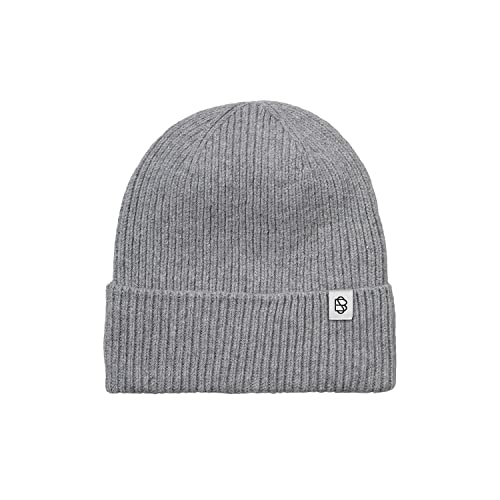 Becksöndergaard Solid Charli Beanie - gerippte Strickmütze Damen in der Farbe Grau (Grey Melange) Mütze mit Aufschlag aus 90% Wolle/10% Kaschmir von Becksöndergaard