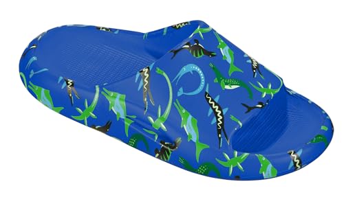 BECO Kinder Ocean Dinos Badelatschen Größe 28 - Badeschlappen für den Sommer - Flache Hausschuhe für Jungen & Mädchen - rutschfeste Dusch Badeschuhe Kinderpantoletten - in der Farbe Blau von Beco