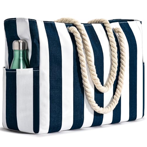 Strandtaschen für Frauen, Pooltasche, wasserdicht, sanddicht, Strandtasche, große Kapazität, Strand-Schwimmtasche mit Reißverschluss, gestreift, Strandtasche, Tragetasche, Dunkelblau von Becokan