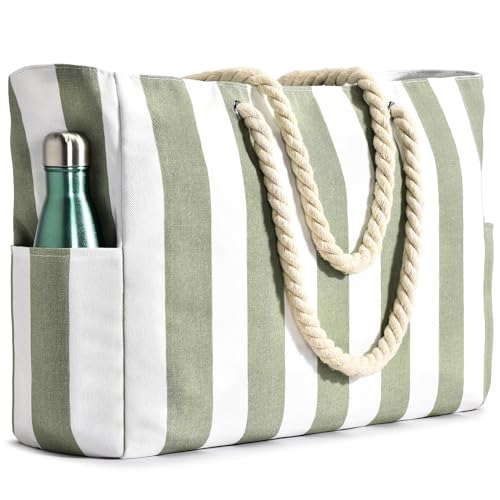 Strandtaschen für Frauen, Pooltasche, wasserdicht, sanddicht, Strandtasche, große Kapazität, Strandtasche mit Reißverschluss, gestreift, Strandtasche, Hellgrün, Large von Becokan