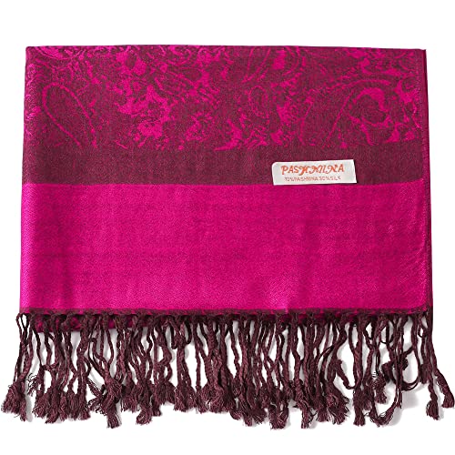 Paisley Pashmina Seidenschal, Schal, Jacquard, Kaschmir, Stola, zweifarbig, wendbar, 161-Megenta-Braun, Large von Becolored