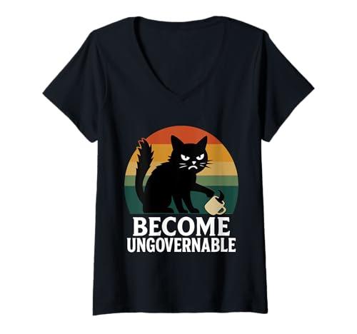 Damen Become Ungovernable Cat T-Shirt mit V-Ausschnitt von Become Ungovernable Cat Shirt