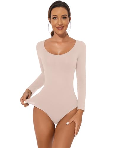 Becotal Damen Body Shaper Shapewear Stark Formend Bauchweg Langarm Unterhemd Rundhals Bodysuit Top Nahtlose Basic Shirt, Beige, S von Becotal