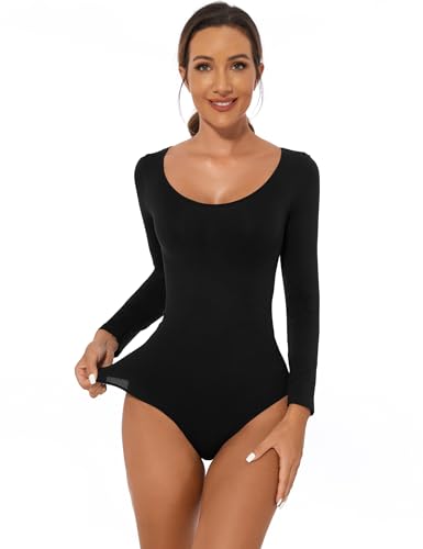 Becotal Damen Body Shaper Shapewear Stark Formend Bauchweg Langarm Unterhemd Rundhals Bodysuit Top Nahtlose Basic Shirt, Schwarz, XL von Becotal