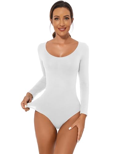 Becotal Damen Body Shaper Shapewear Stark Formend Bauchweg Langarm Unterhemd Rundhals Bodysuit Top Nahtlose Basic Shirt, Weiß, M von Becotal