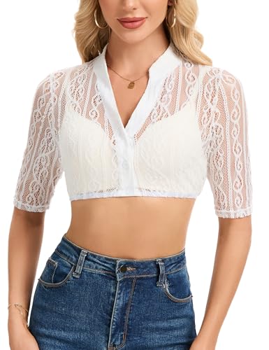 Becotal Damen Dirndl Bluse Weiß - Elegant Spitzenbluse Oktoberfest Trachtenmode Kurzarm V-Ausschnitt Trachtenbluse 36-42, Weiß 1, 42 von Becotal