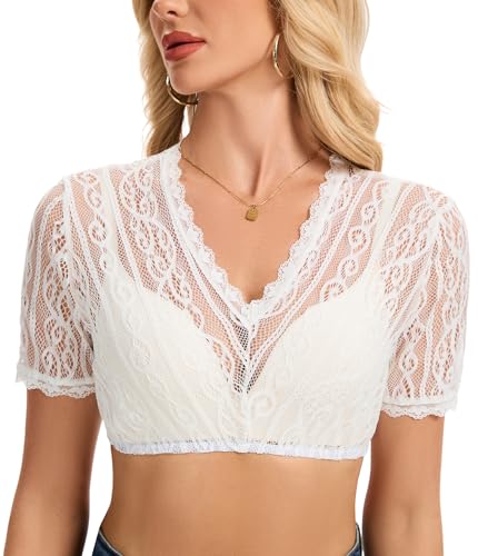 Becotal Damen Dirndl Bluse Weiß - Elegant Spitzenbluse Oktoberfest Trachtenmode Kurzarm V-Ausschnitt Trachtenbluse 36-42, Weiß 2, 36 von Becotal